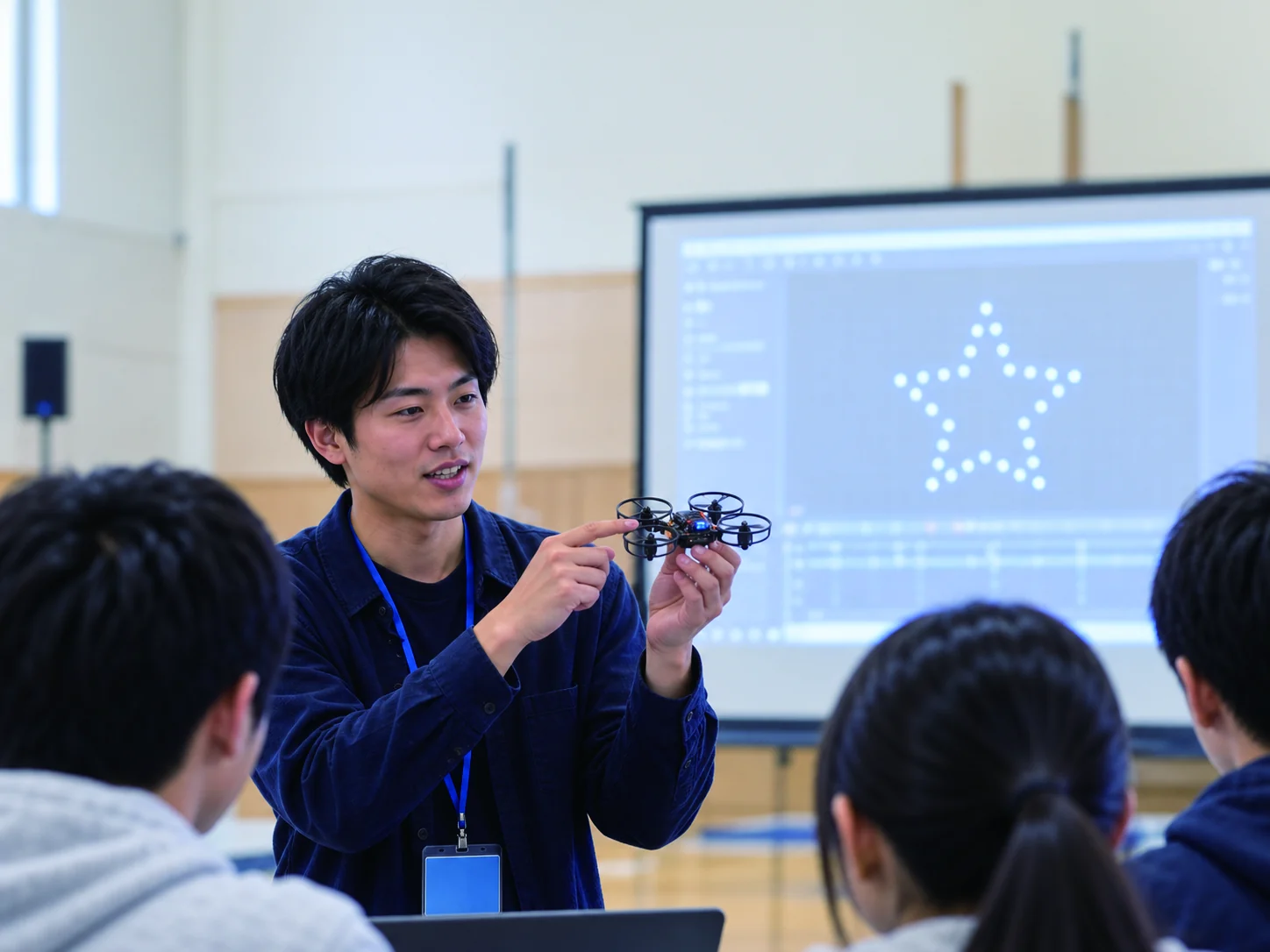 ドローンを手に仕組みを説明するスタッフ（イメージ）
