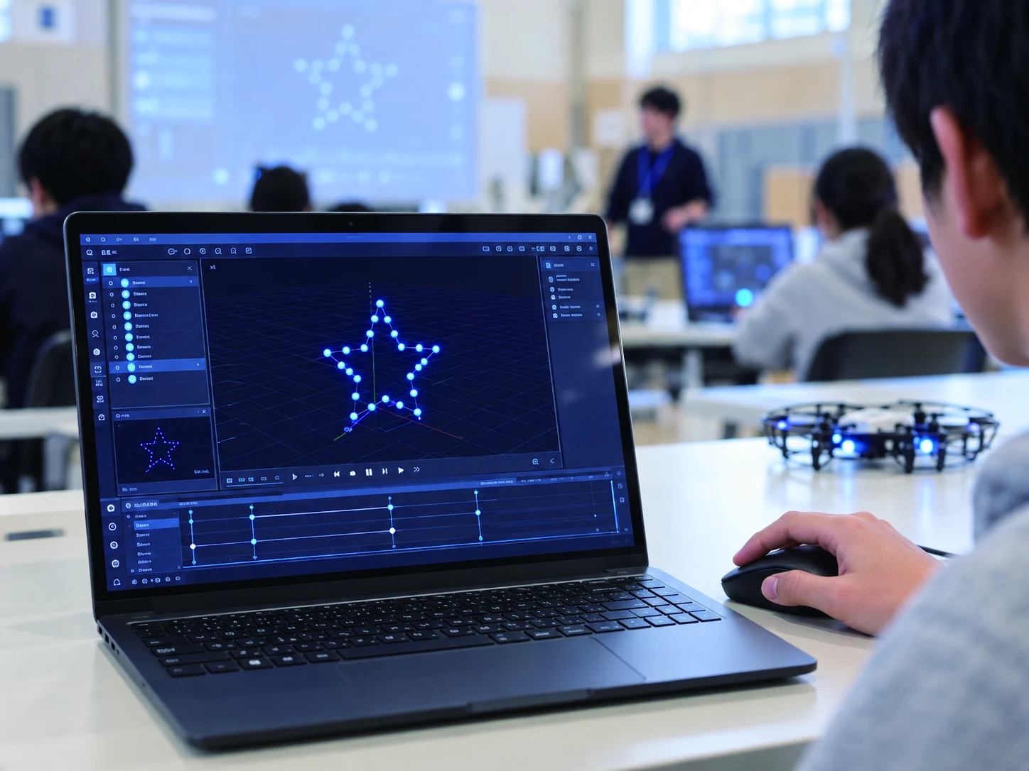 パソコンでドローンの動きをデザインする様子（イメージ）