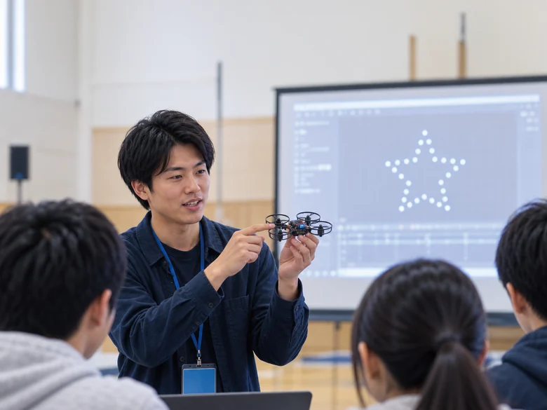 ドローンを手に、仕組みを説明するスタッフ（イメージ）